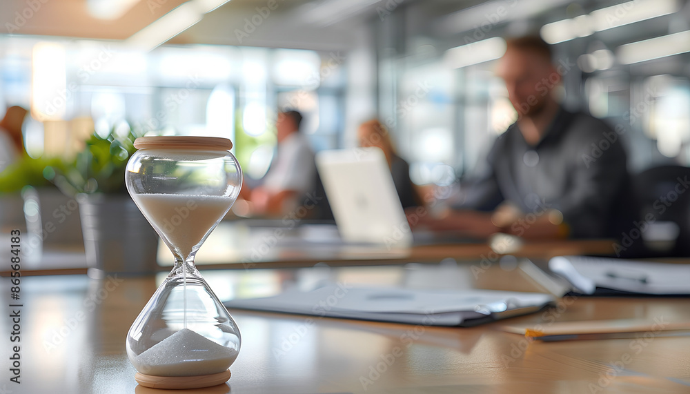 Close up of hourglass on a desk in an office with people working behind on blurred background Close up of hourglass on a desk in an office with people working behind on blurred background
