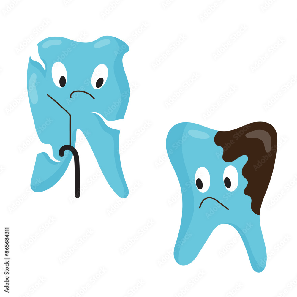 Carious teeth. Numerous sad teeth characters in flat style. Vector illustration isolated on white background. Carious teeth. Numerous sad teeth characters in flat style. Vector illustration isolated on white background.