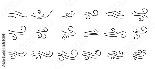 Doodle wind line sketch set. Hand drawn doodle wind motion, air blow, swirl elements. Sketch drawn air blow motion, smoke flow art, abstract line. Isolated on white background . vector illustration.