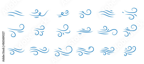 Doodle wind motion. Isolated vector set of abstract air swirls, blow waves, curve spirals in black colors, capturing the dynamic essence of movement and energy in a playful and artistic cartoon manner