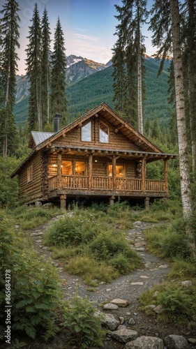 A beautiful and cozy wooden cabin in Alaska, nestled in the middle of a forest with mountains view © Luxury Richland
