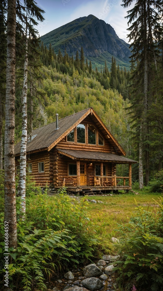 A beautiful and cozy wooden cabin in Alaska, nestled in the middle of a forest with mountains view A beautiful and cozy wooden cabin in Alaska, nestled in the middle of a forest with mountains view