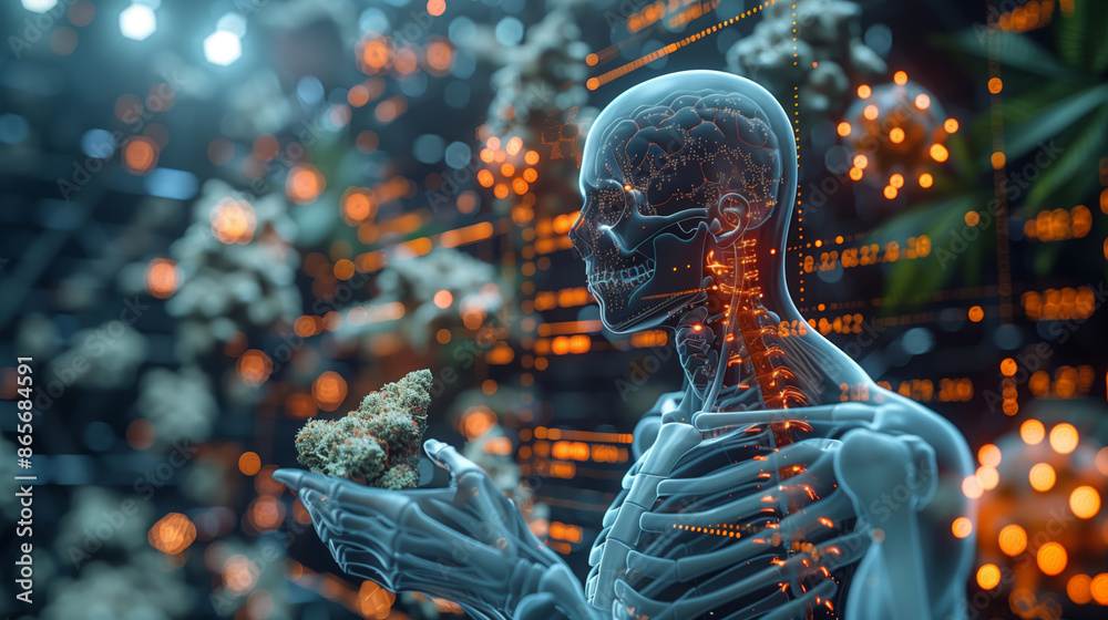 A digital illustration depicting the interaction of CBD with the endocannabinoid system, visualized as a skeletal figure holding a cannabis bud. A digital illustration depicting the interaction of CBD with the endocannabinoid system, visualized as a skeletal figure holding a cannabis bud.