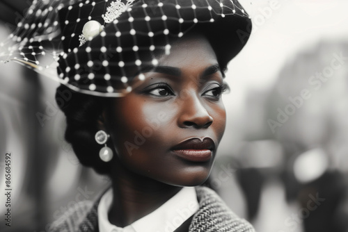 Vintage Portrait of Elegant Woman with Veil Hat photo