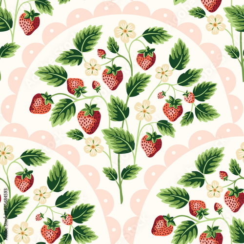 Cottage Core Garden Strawberries and Scallops Vector Seamless Pattern. Vintage Feed Sack Backdrop With Nostalgic Retro Design. Fresh Summer Fruit Background