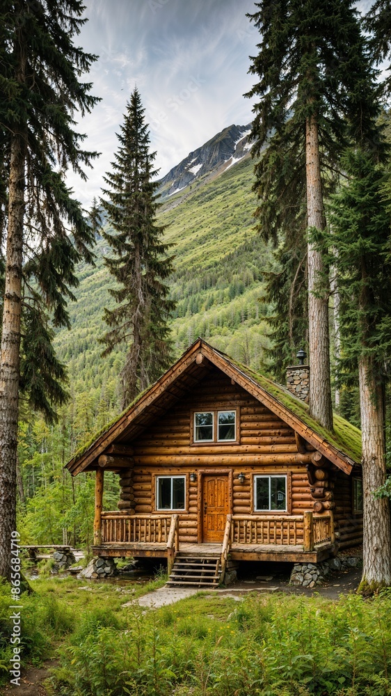 A beautiful and cozy wooden cabin in Alaska, nestled in the middle of a forest with mountains view A beautiful and cozy wooden cabin in Alaska, nestled in the middle of a forest with mountains view