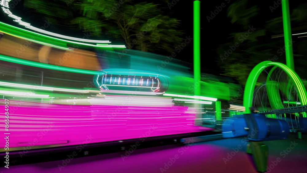 Naklejka premium brightly lit bus passing by a neon green and purple light