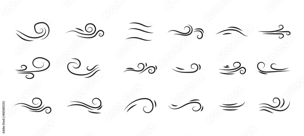 Doodle wind line sketch set. Hand drawn doodle wind motion, air blow ...