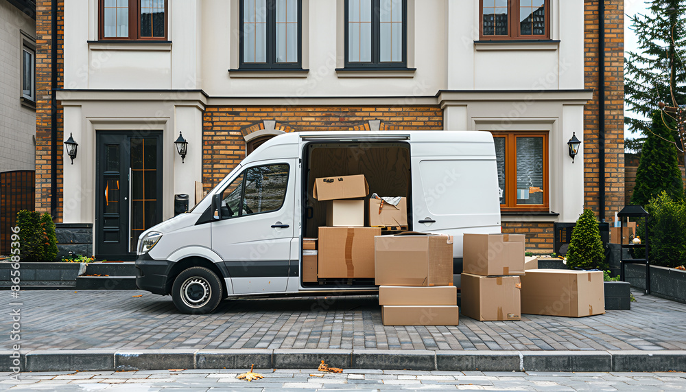 Van full of moving boxes and furniture near house Van full of moving boxes and furniture near house