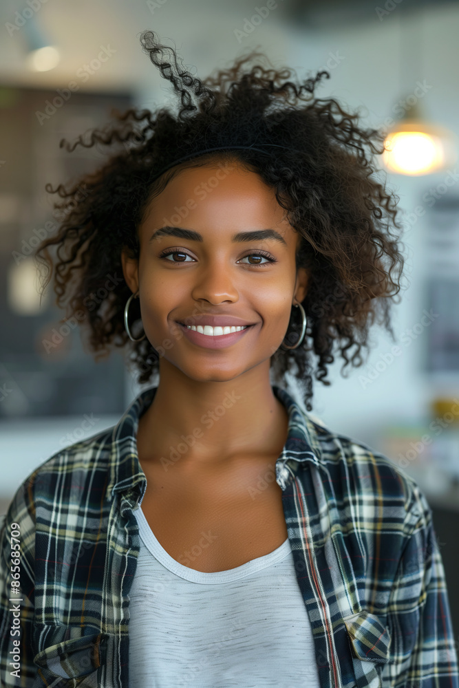 African American woman wearing casual clothes smiles with confidence in office.