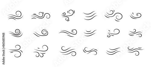 Doodle wind motion. Isolated vector set of abstract air swirls, blow waves, curve spirals in black colors, capturing the dynamic essence of movement and energy in a playful and artistic cartoon manner