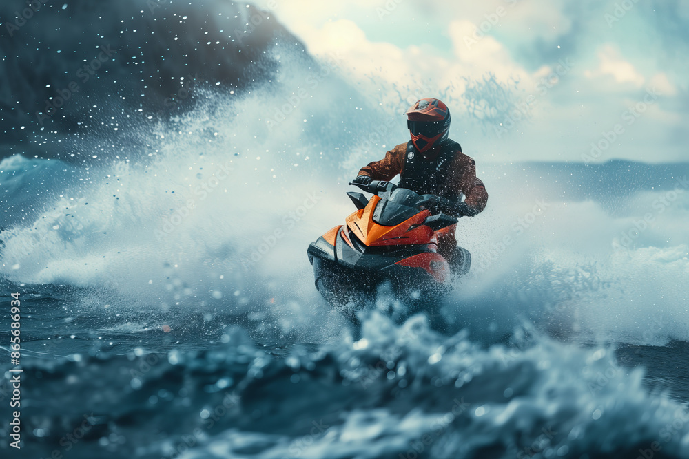 A man is driving a jet ski in the sea. A man is driving a jet ski in the sea.