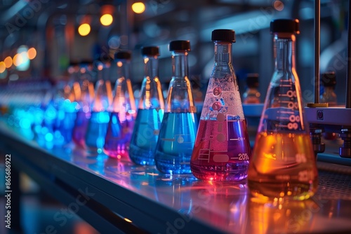 A Row of Glass Flasks Filled With Colored Liquids in a Laboratory Setting