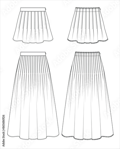 Vector mini skirt fashion CAD, woman maxi skirt with pleats detail sketch, template, flat, technical drawing. Jersey or woven fabric 4 pieces set of skirt with front, back view, white color