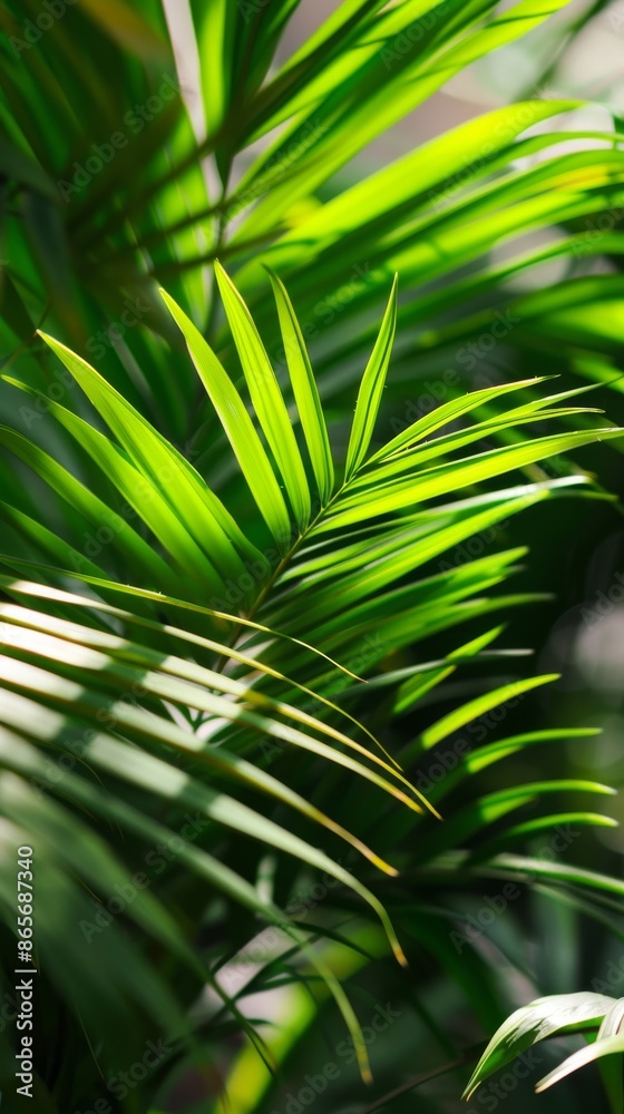 Close-up of tropical green palm leaves in sunlight Close-up of tropical green palm leaves in sunlight