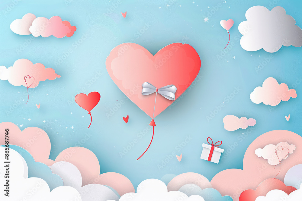 love and valentine's day illustration with heart balloon, gift and clouds. Paper cut style. Generative AI love and valentine's day illustration with heart balloon, gift and clouds. Paper cut style. Generative AI
