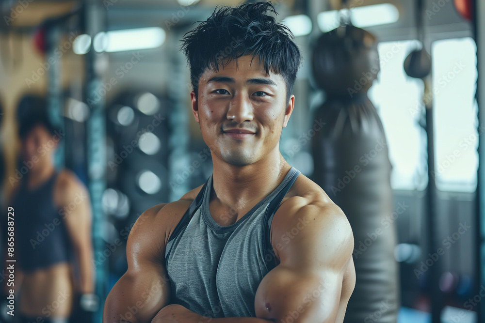 Asian man wearing tank top smiling with confidence at boxing gym. Asian man wearing tank top smiling with confidence at boxing gym.