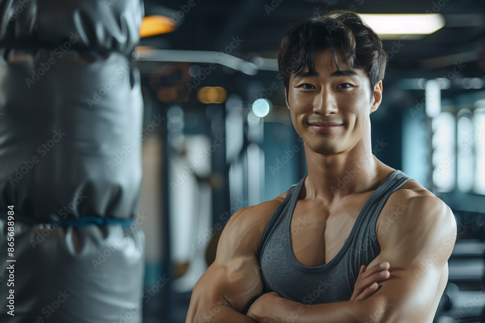 Asian man wearing tank top smiling with confidence at boxing gym. Asian man wearing tank top smiling with confidence at boxing gym.