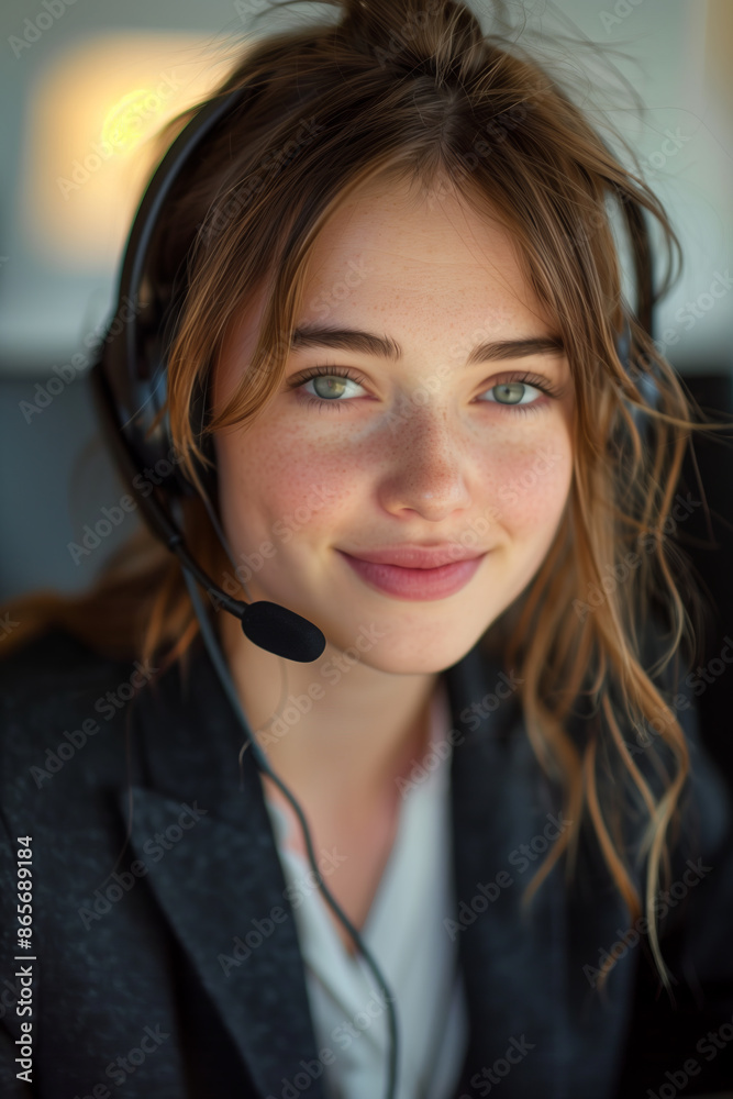 Caucasian female call center employee working in the office. Caucasian female call center employee working in the office.
