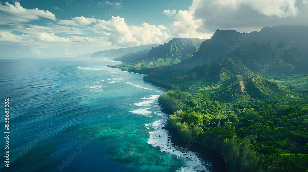 Fototapeta premium Stunning landscape of the Hawaiian Islands featuring volcanic beaches and lush rainforests against the backdrop of the Pacific Ocean 