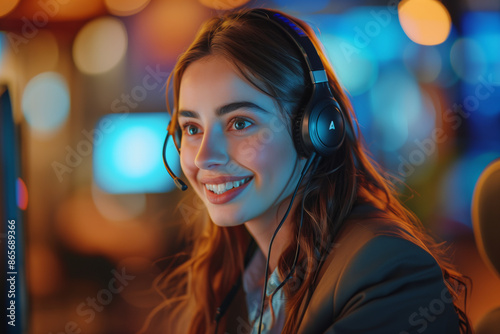 Caucasian female call center employee working in the office.