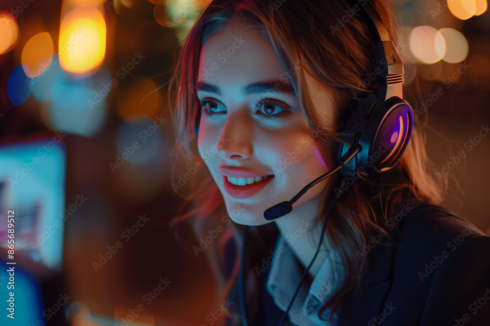 Caucasian female call center employee working in the office.
