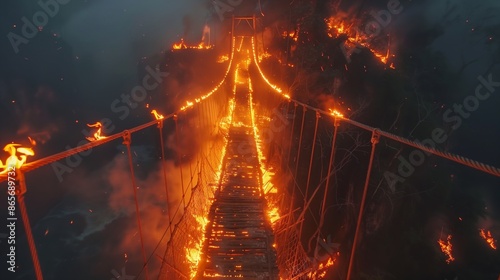 A burning bridge over an abyss. Burning suspension bridge