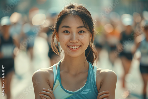 Asian female athlete smiling with confidence at a city marathon event © S photographer