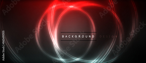 Neon glowing circle rays, light round lines in the dark, planet style neon wave lines. Energetic electric concept design for wallpaper, banner, background