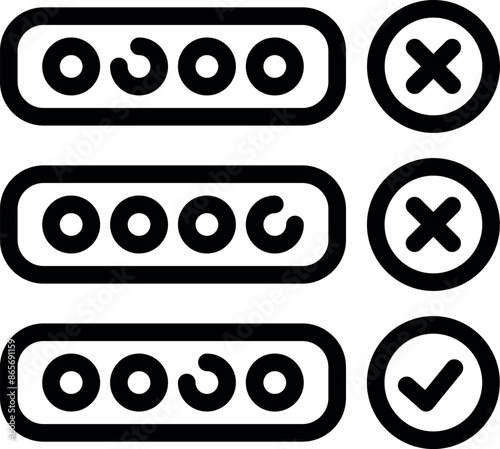 Loading bar icon set is showing progress and result with checkmark and cross icons