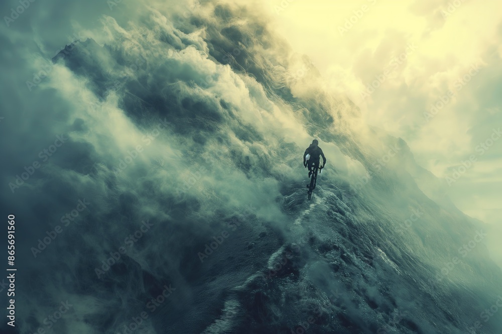 Fototapeta premium A lone cyclist rides up a steep, rocky mountain path surrounded by clouds.