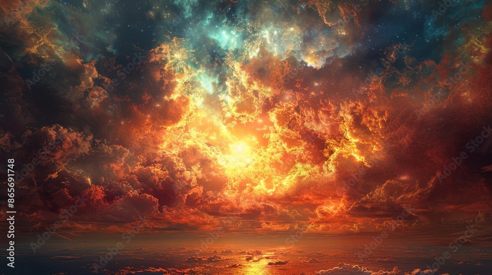 A beautiful, colorful, and vibrant sky with a sun in the middle A beautiful, colorful, and vibrant sky with a sun in the middle
