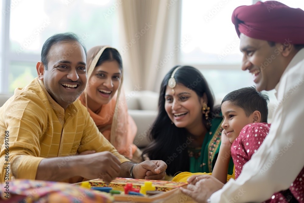 An Indian family enjoys a board game together, laughing and having fun. An Indian family enjoys a board game together, laughing and having fun.