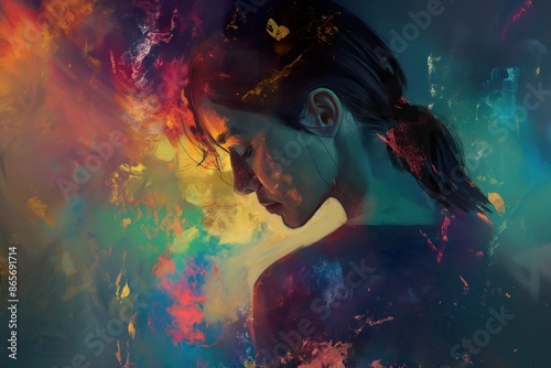A woman with dark hair is depicted in a colorful abstract background. © Joaquin Corbalan