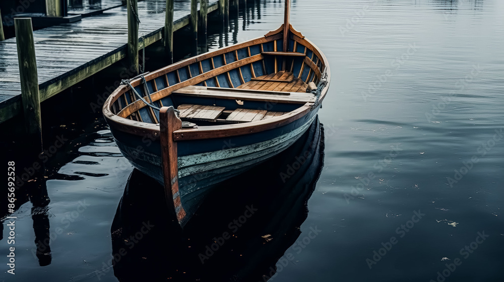 Obraz premium A small boat is sitting in the water near a dock