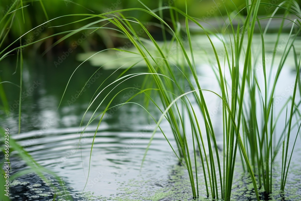 Obraz premium Vetiver grass growing in a lagoon, used for wastewater treatment.