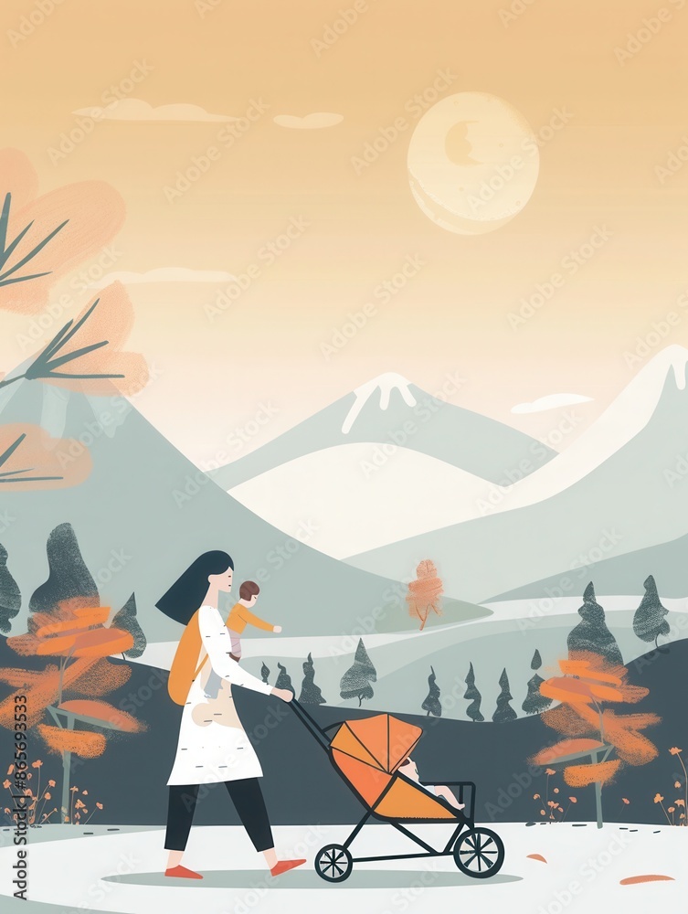 Fototapeta premium A mother pushes her child in a stroller, enjoying a leisurely walk through a beautiful fall landscape. Generative AI