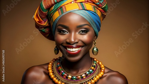 an African lady with head tie, bead necklace, beautiful makeup and smiling photo