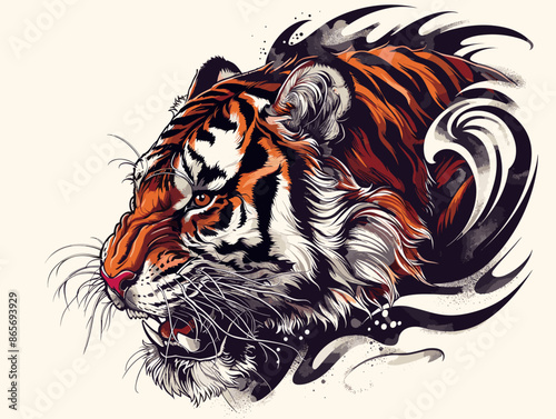 A tiger with a fierce look on its face. The tiger is surrounded by a dark background with a splash of color