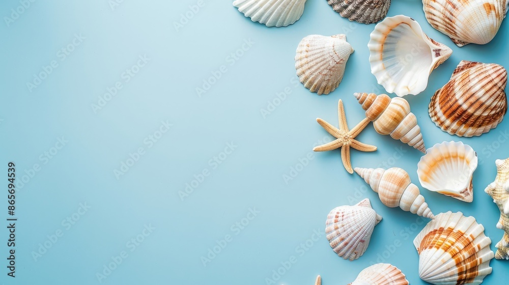 Sea shell frame on light blue background flat lay with text space Sea shell frame on light blue background flat lay with text space