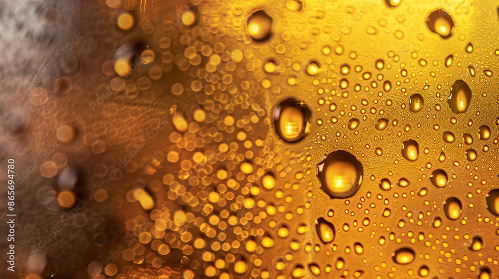 A cold glass of beer shines in a golden color. It's covered in condensation droplets. The picture makes you think of a refreshing drink, Oktoberfest, and the beverage industry.
