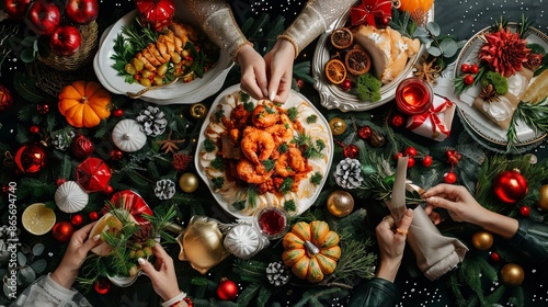 Festive holiday dinner with friends and family, joyful celebration concept