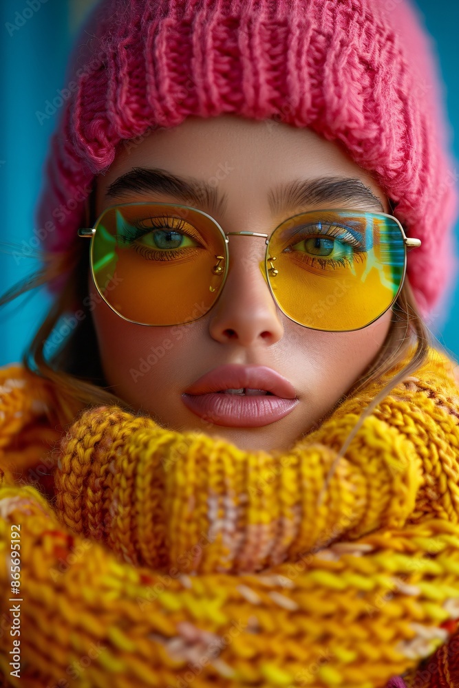 a beautiful woman in a colorful sweater and winter hat a beautiful woman in a colorful sweater and winter hat