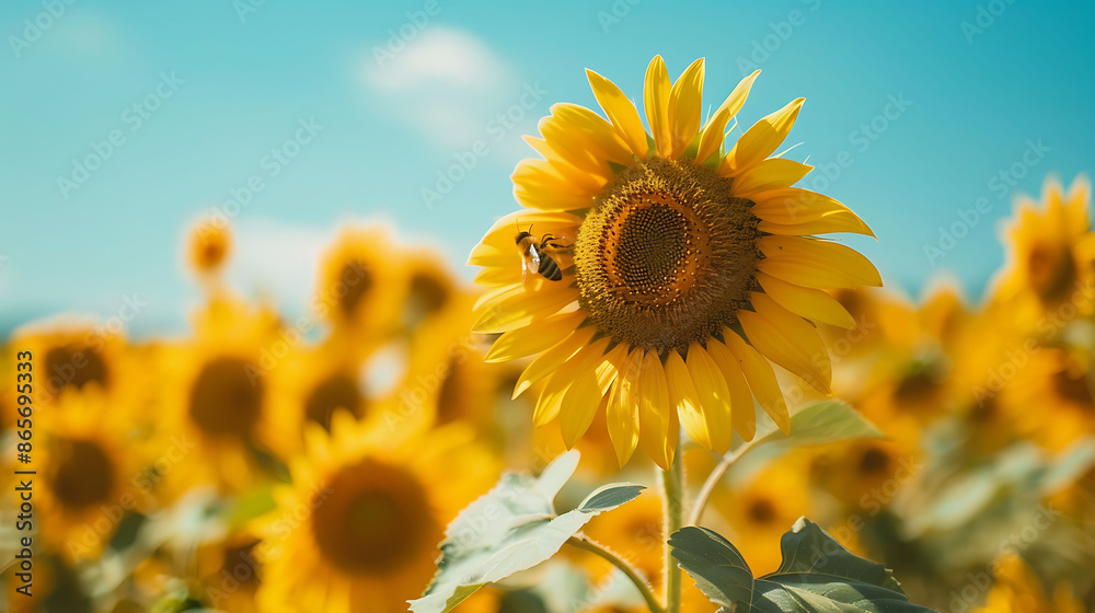 Fototapeta premium Vibrant sunflower field Tuscany Italy during peak of summer row of golden bloom stretching towards sun under clear blue sky