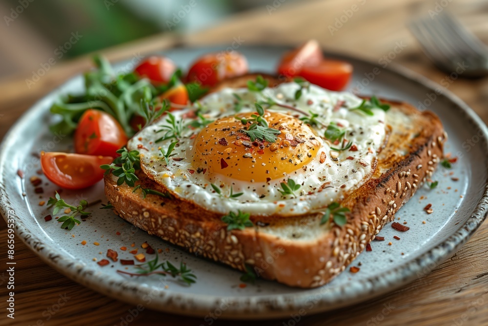 Fried Egg on Toast With Tomato and Herbs for Breakfast Fried Egg on Toast With Tomato and Herbs for Breakfast