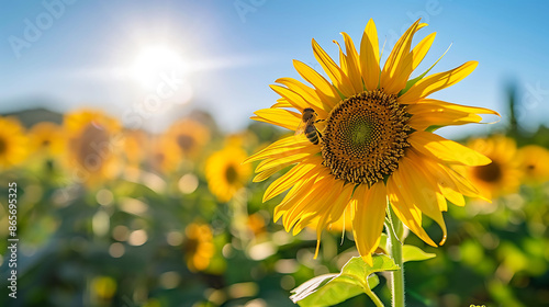 Vibrant sunflower field Tuscany Italy during peak of summer row of golden bloom stretching towards sun under clear blue sky 