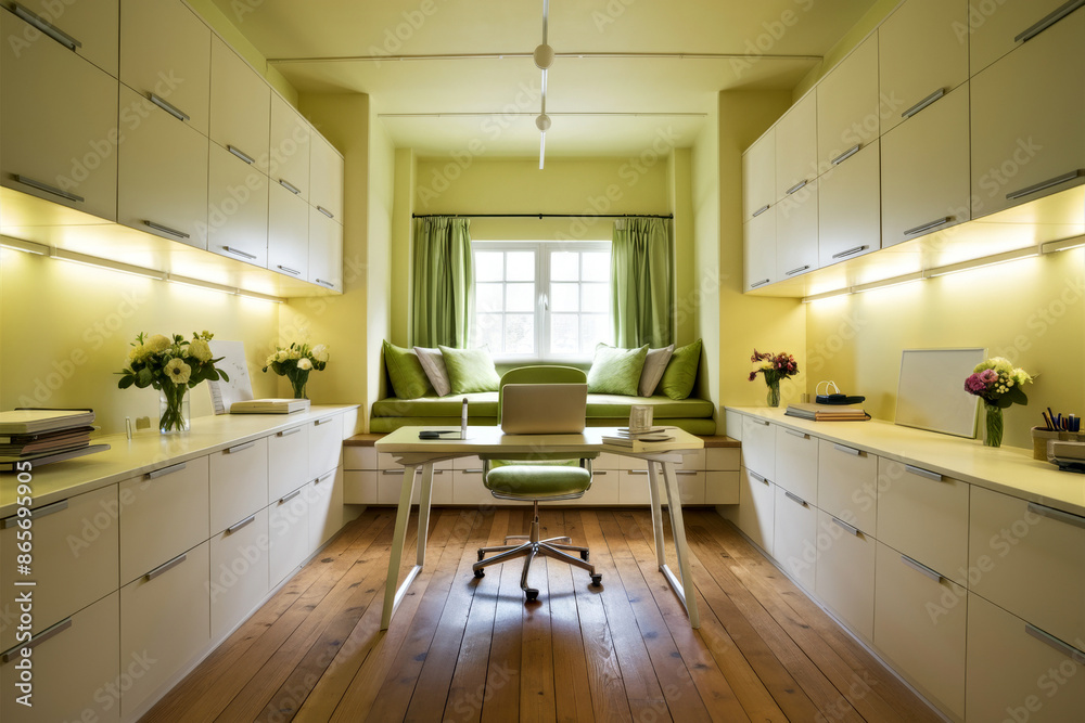 Modern home office featuring a sleek design with ample storage and natural lighting. the setup includes a comfortable chair, a large central desk, and vibrant green accents for a fresh look.