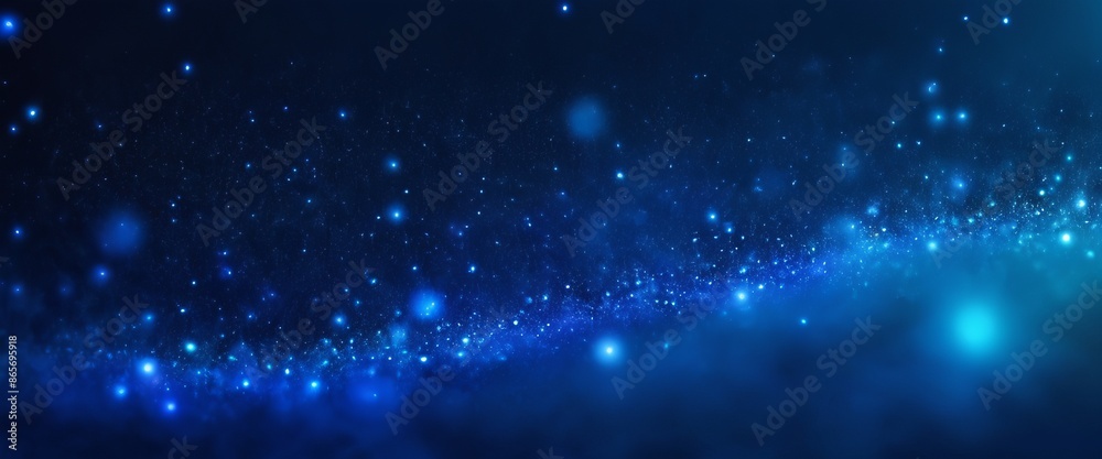 Fototapeta premium Abstract background image with bokeh in blue and purple tones, creating the effect of a shimmering and magical space with bright spots of light, wide banner