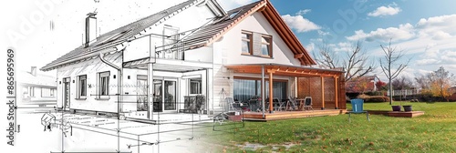 house concept with half photo and half architectural blueprint sketch. Half and half photo for new home construction and completion concept