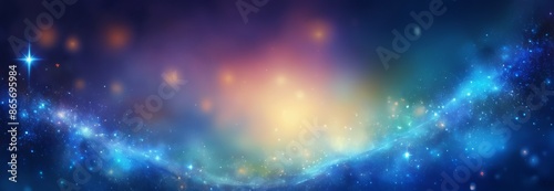 Abstract background image with bokeh in blue and purple tones, creating the effect of a shimmering and magical space with bright spots of light, wide banner photo